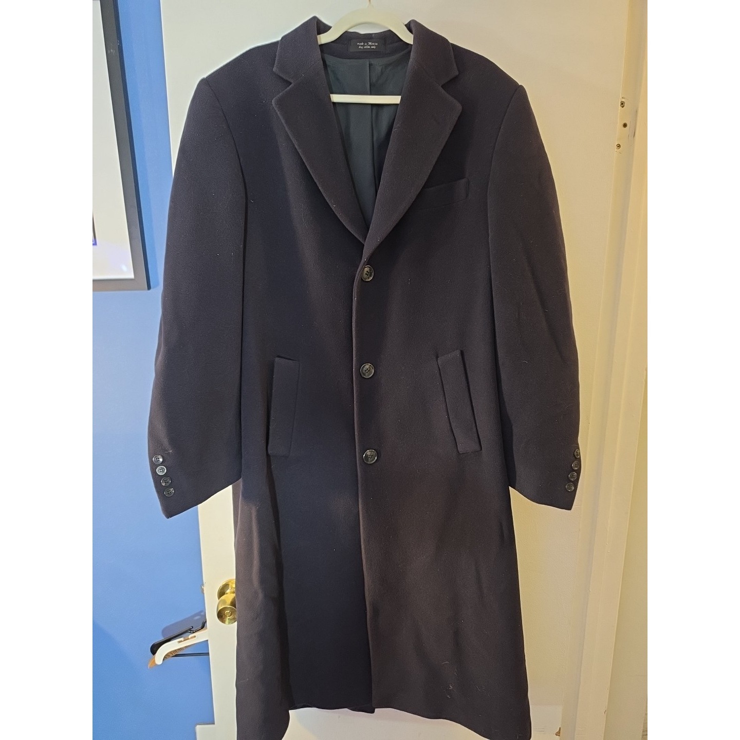 Vintage Chaps Ralph Lauren Overcoat 40r Navy Blue Italian Lambswool Long Coat